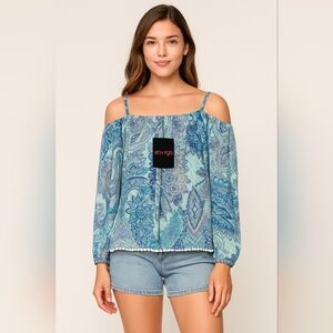 Energie Blue Paisley Off-Shoulder Boho‎ Peasant Top NWT Women’s Size Small